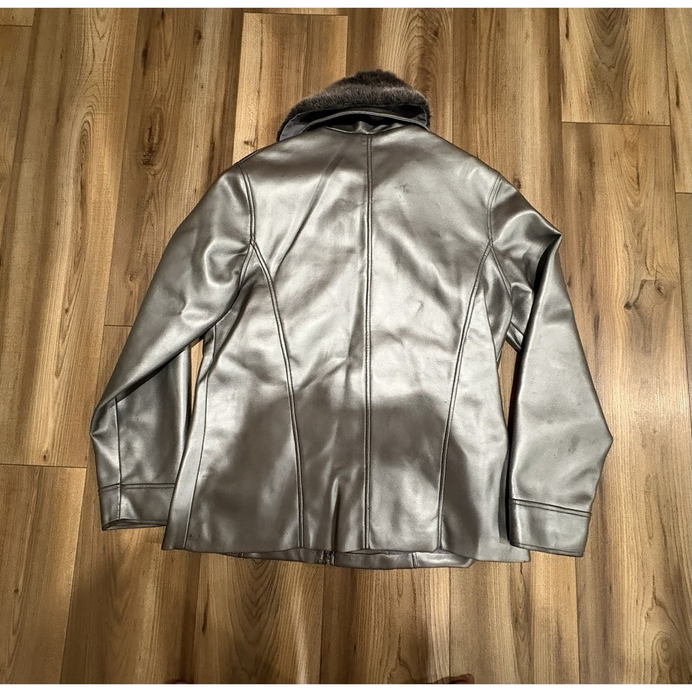 Vintage Urban Vibe Silver Faux Leather Coat Jacket Removable Collar Woman's Sz L - Picture 6 of 7